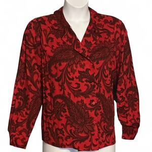 Vintage 90s Rena Rowan for Saville Blouse Size 12 Red Black Paisley Office Chic